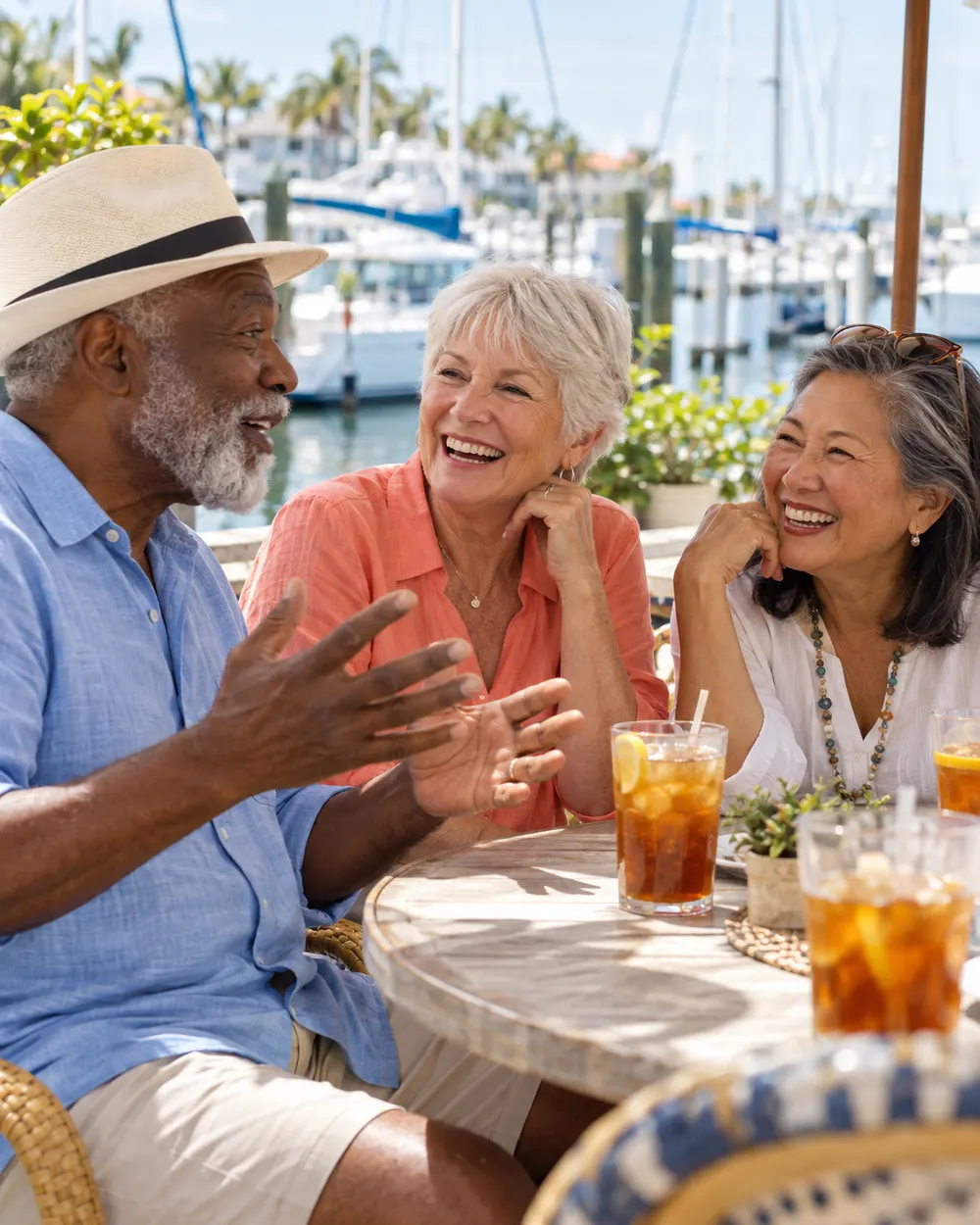 Three friends in their seventies laughing over iced tea at a waterfront cafe table, sailboats in the marina behind them.