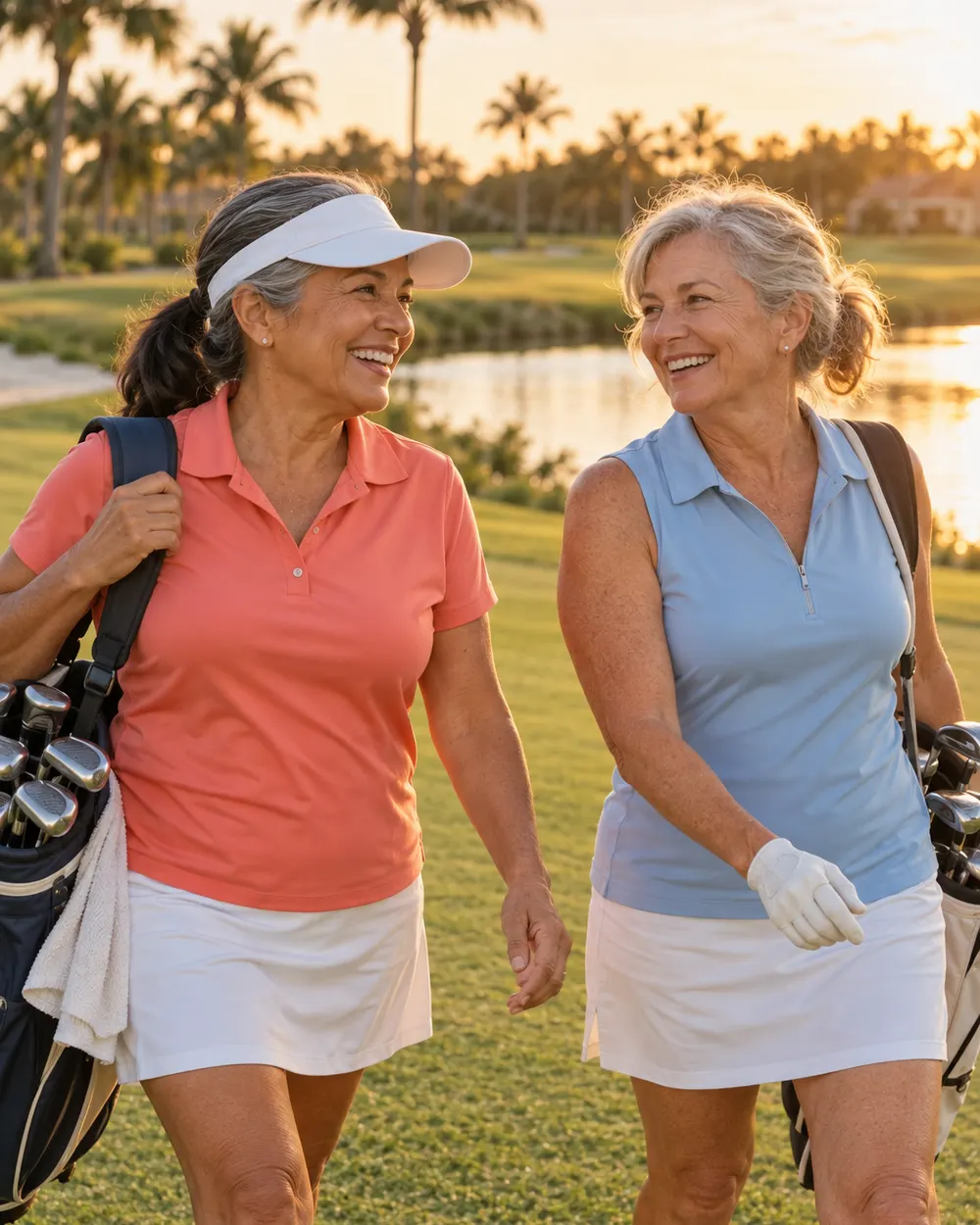 Two women in their sixties carrying their own golf bags across a Florida course at golden hour, palms and a pond behind them.