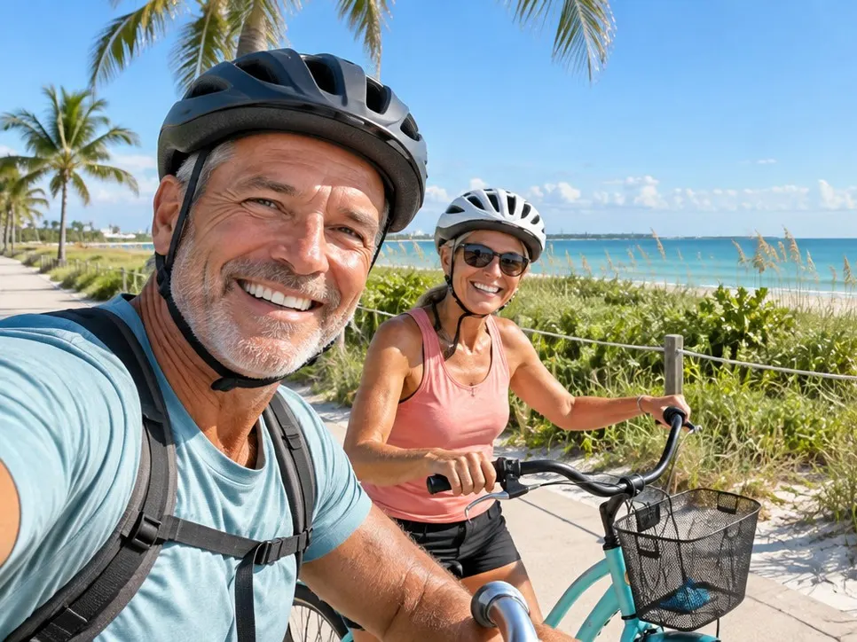 A couple in their sixties smiling on a coastal bike path lined with palms and sea oats beside the Gulf in Florida.