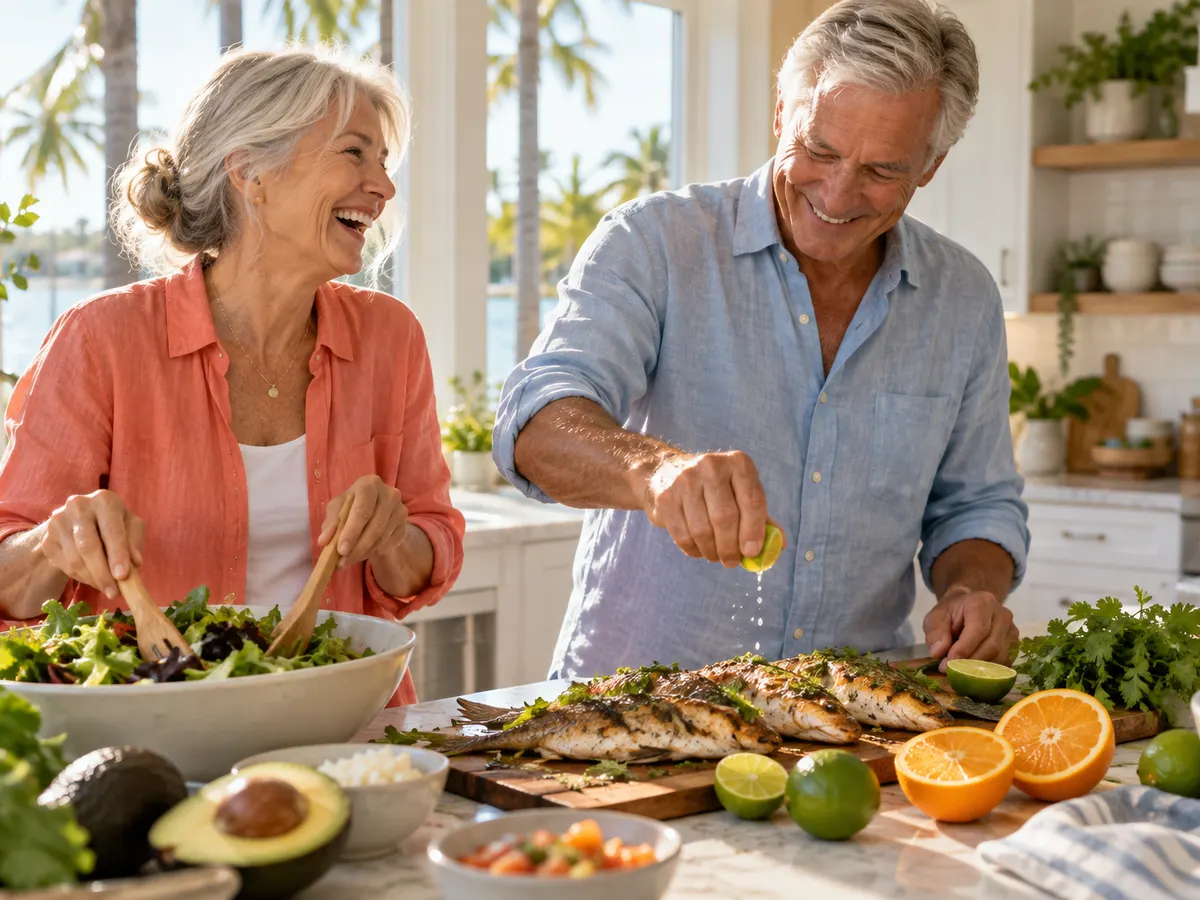 A couple in their sixties laughing while preparing grilled fish, citrus, avocado and greens in a bright Florida kitchen.