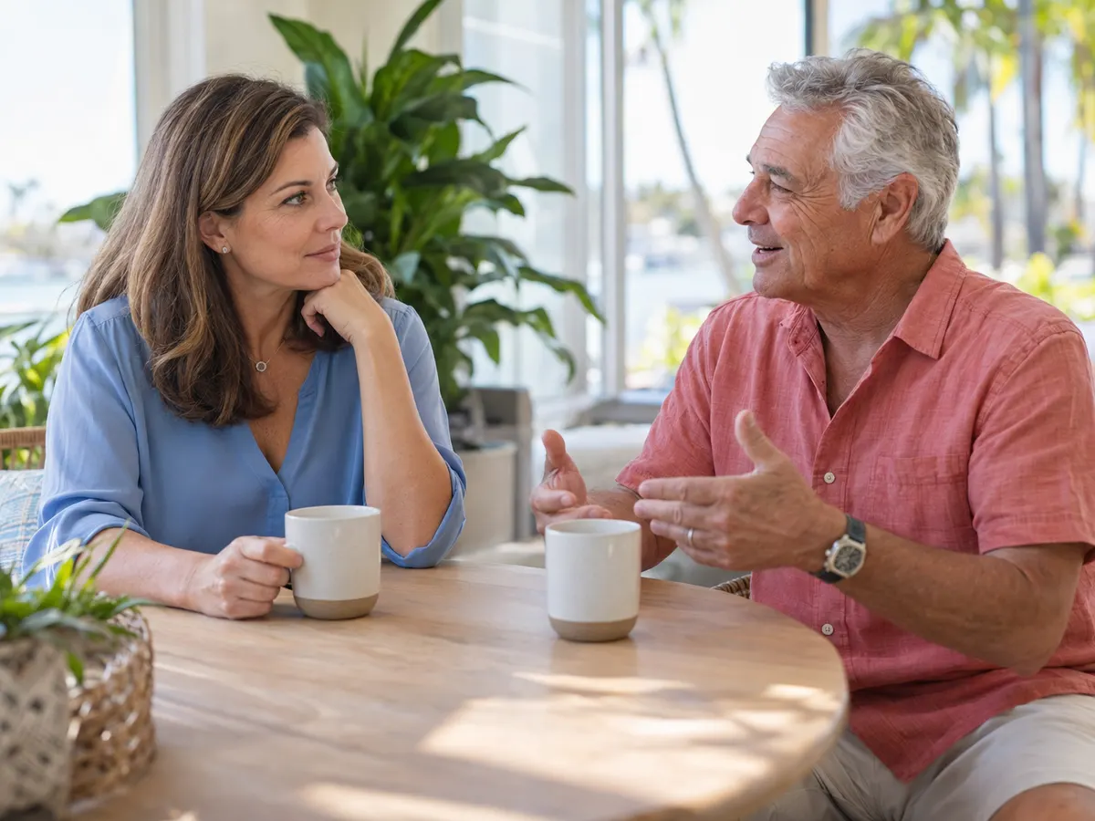 A nurse practitioner listening over coffee as a man in his sixties talks at a round wood table in a bright, plant-filled room.