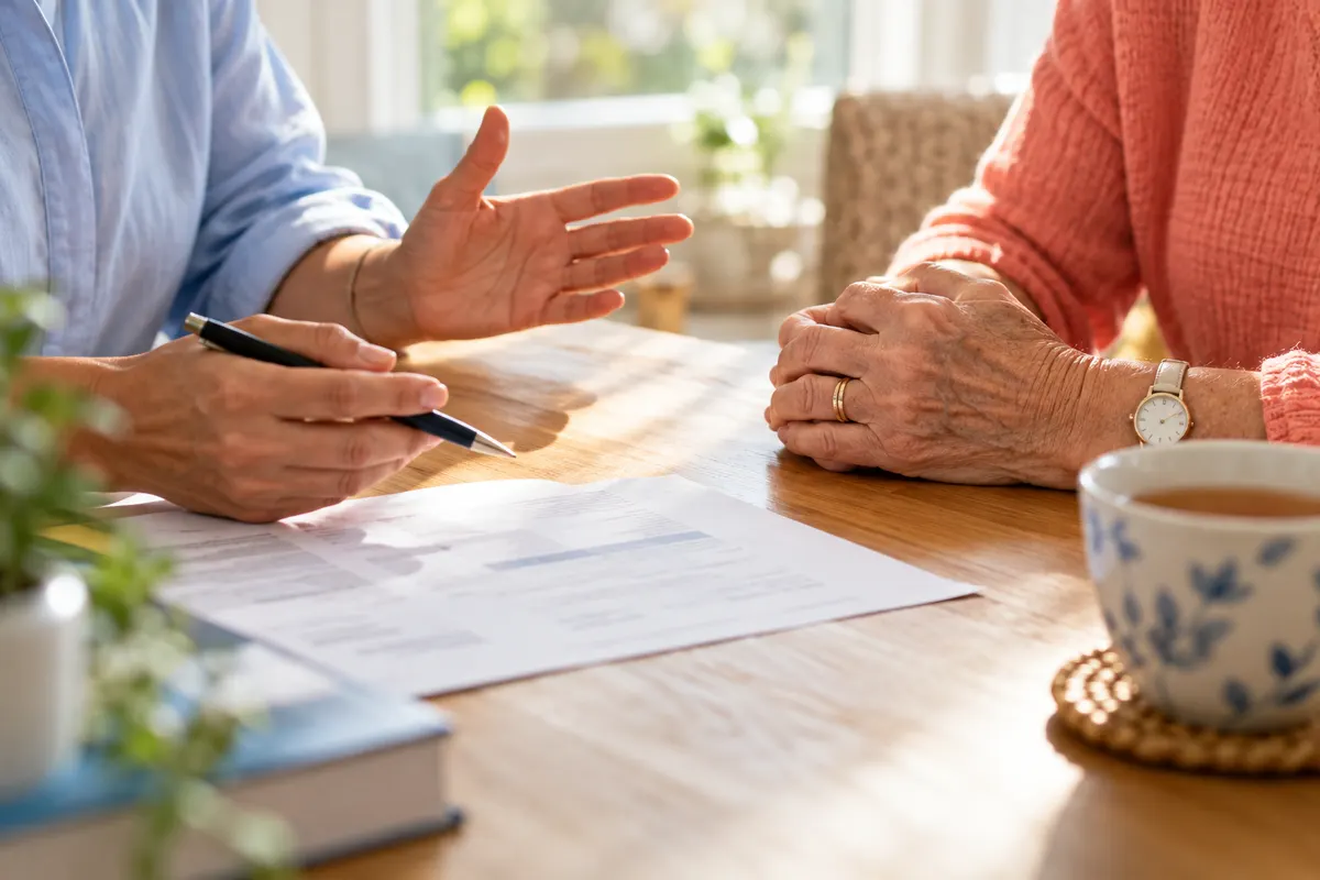 A clinician's hands beside an older member's hands at a wood table, a printed personal longevity plan and a cup of tea between them.